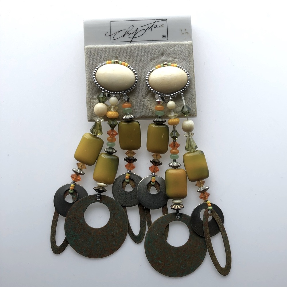 Vintage Chipita boho earrings jewelry Clip On beads and metal